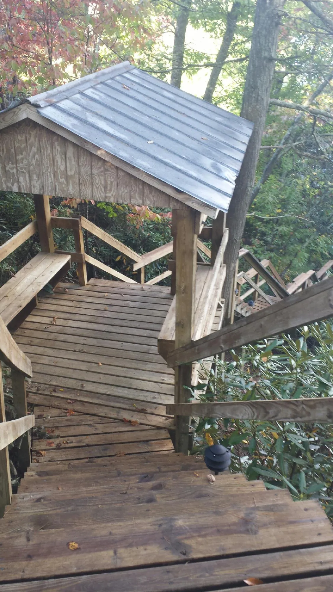 Metal roofed shelter over wooden steps on a wooded walkway — Skylight Repair & Installation work by our crew in Lynn Haven
